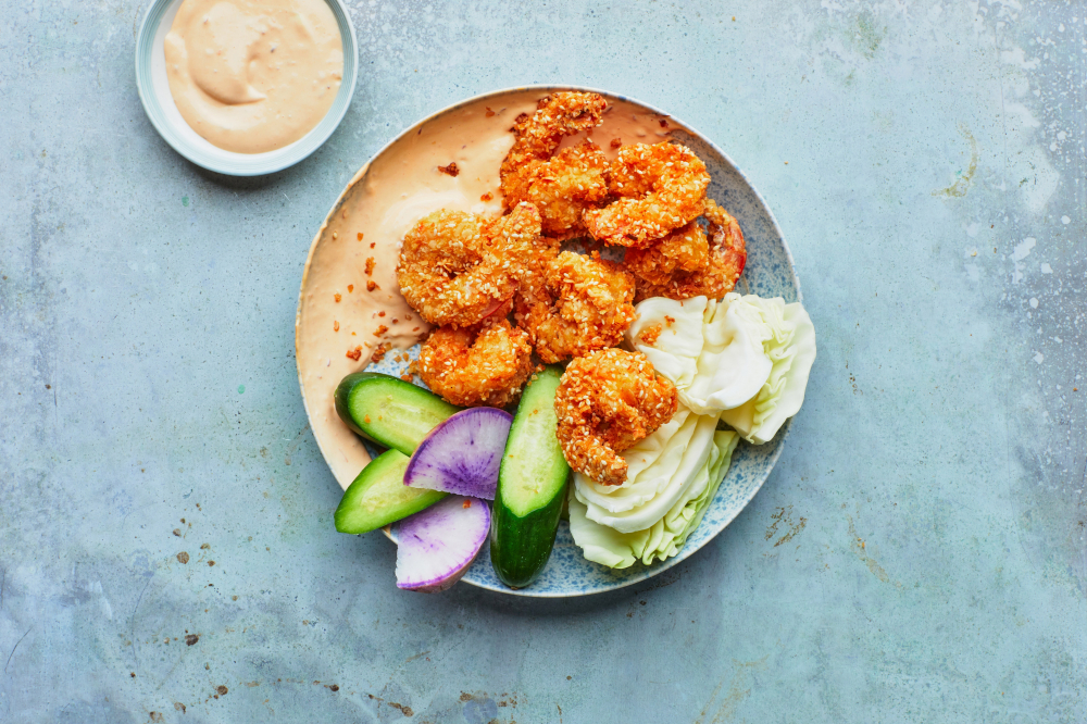 coconut sesame shrimp with spicy lime mayo